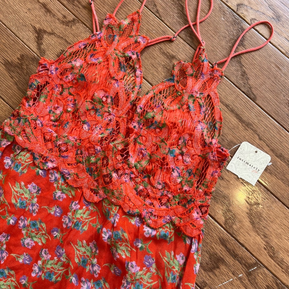 Free People Adella Red Floral Lace Mini Slip Dress